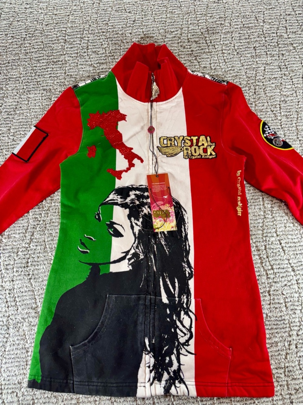 NWT Christian Audigier Womenโs Small Italy-Themed Crystal Rock Trackโ Jacket